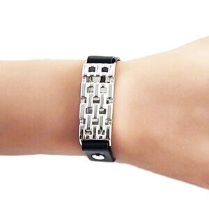 Vintage Leather Silver Rectangle Bracelet
